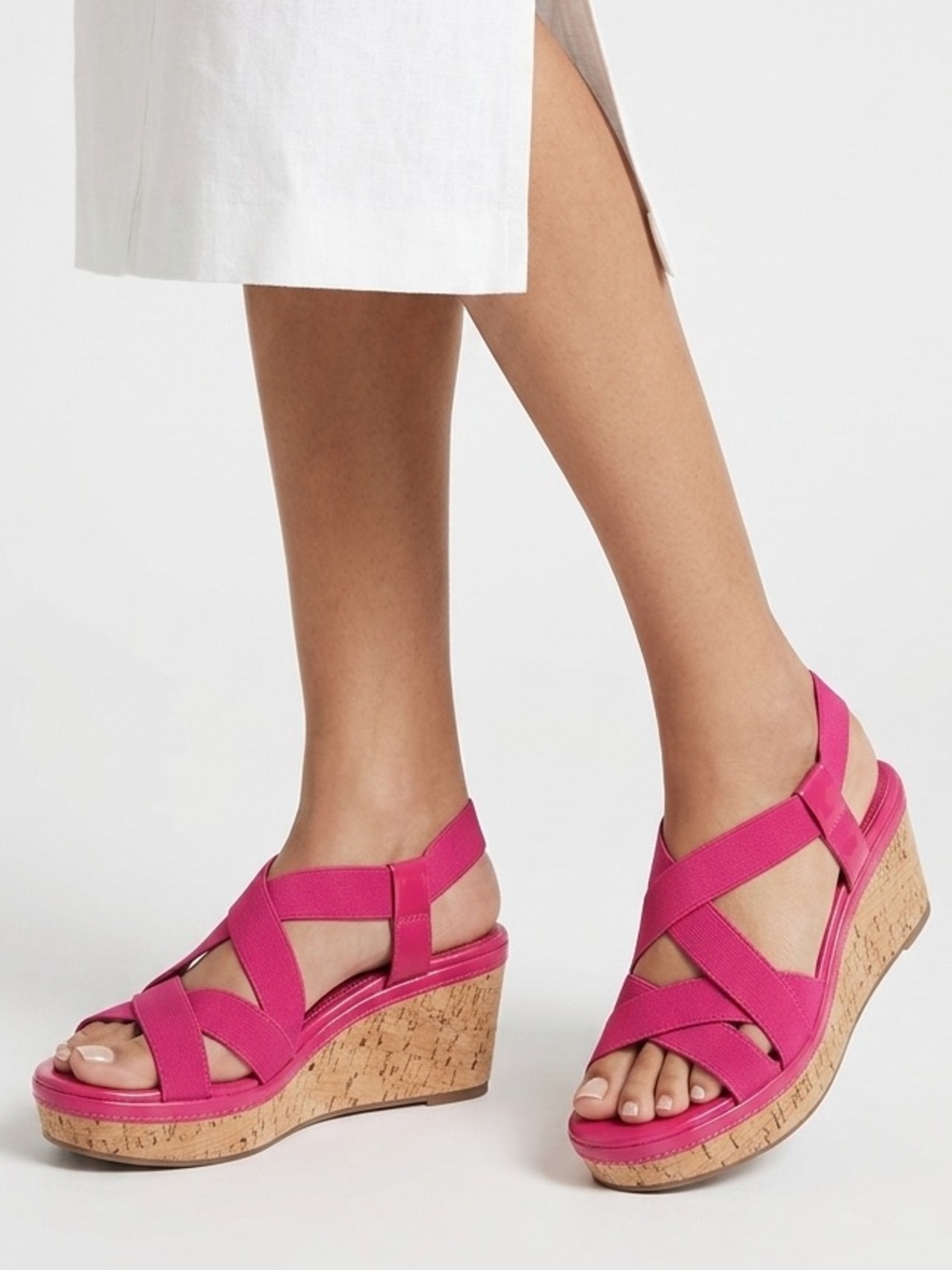 Laura Ashley Bright Pink Elastic Crossover Cork Wedge Sandals